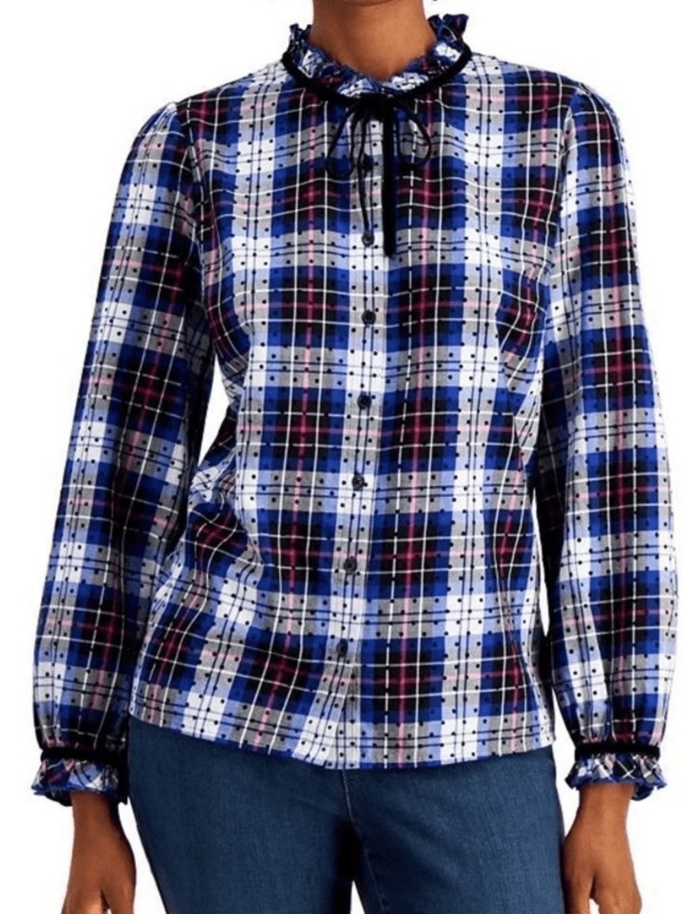 Charter Club Plaid Long Sleeve Top Blue Plaid Black Velvet Polka Dot Ruffle XLP